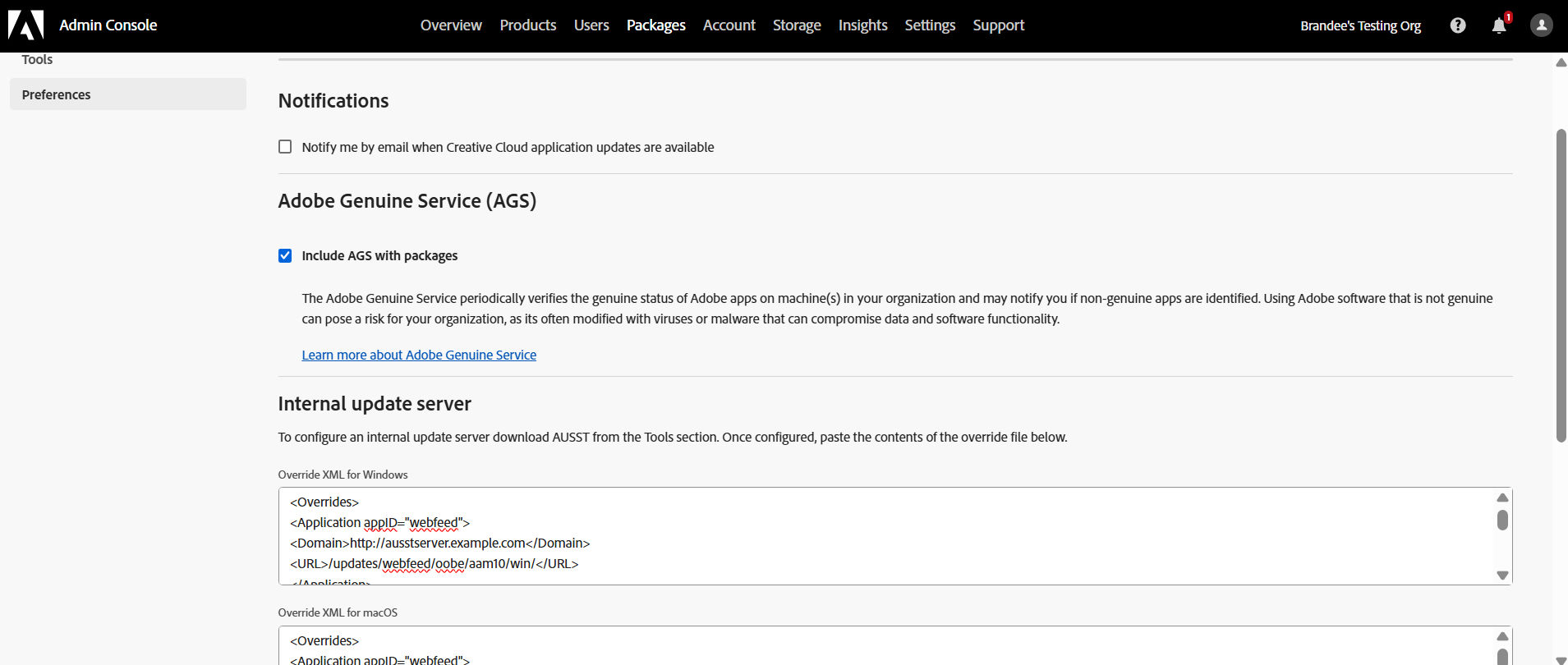 The screen displays the Preferences screen  with focuse on the Internal Update server section. The field contains the content in the respective section of .override files. 