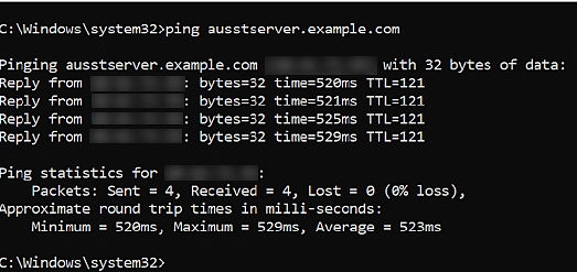The screen displays the administrator command prompt results to verify is the server is reachable.