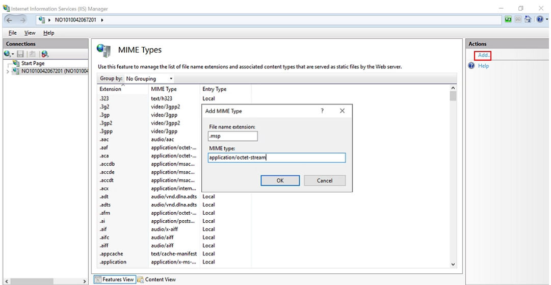The screen displays the dialog box details value that are to be added:
File name extensions: .msp
MIME type: application/octet-stream