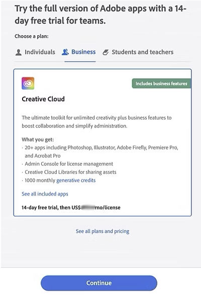 The screen displays the free trial version of adobe apps for Business.