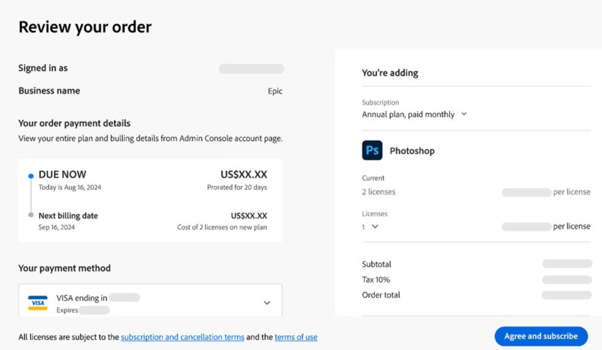 The screen displays the order details fro review before you make the license purchase. 