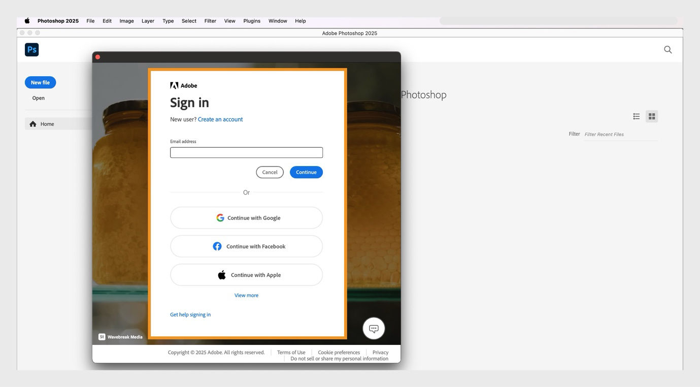 The sign-in prompt in the Creative Cloud apps shows the field to type in your email address and options to continue or cancel, get help signing in, create a new account, and sign in using a social account. 