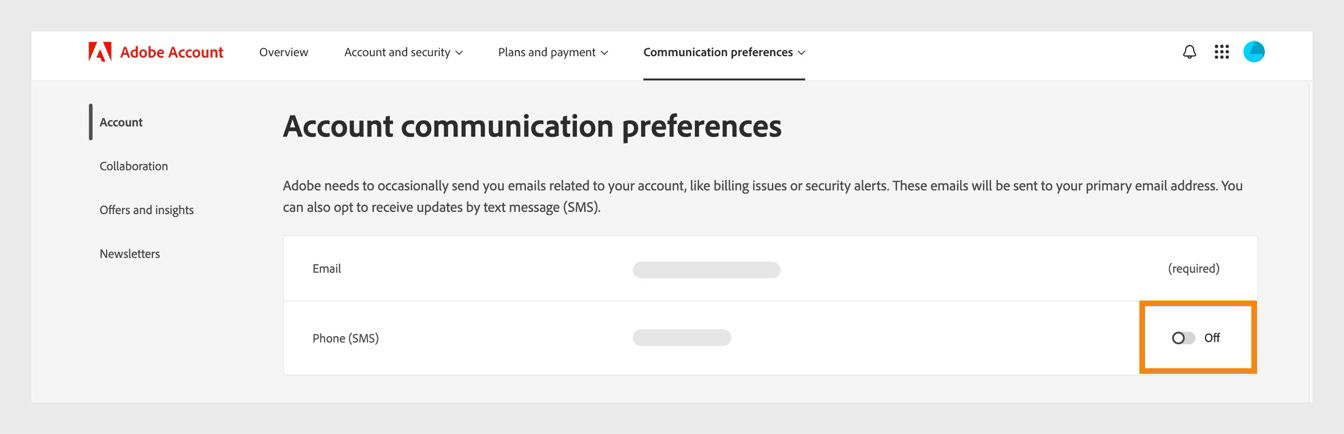 The toggle button, located on the right side of the screen under Account communication preferences, allows you to turn phone notifications on or off.