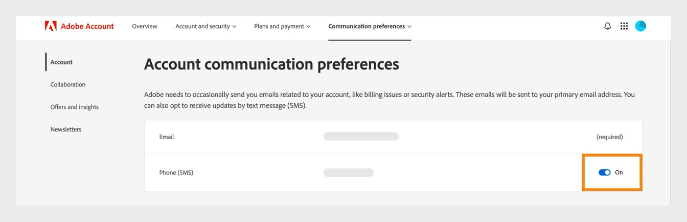 The toggle button, located on the right side of the screen under Account communication preferences, allows you to turn phone notifications on or off.