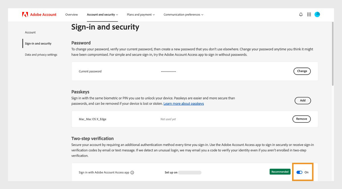 The toggle button, located to the right of the Adobe Account Access app option under Two-step verification, allows you to deactivate the app for your future sign-ins.