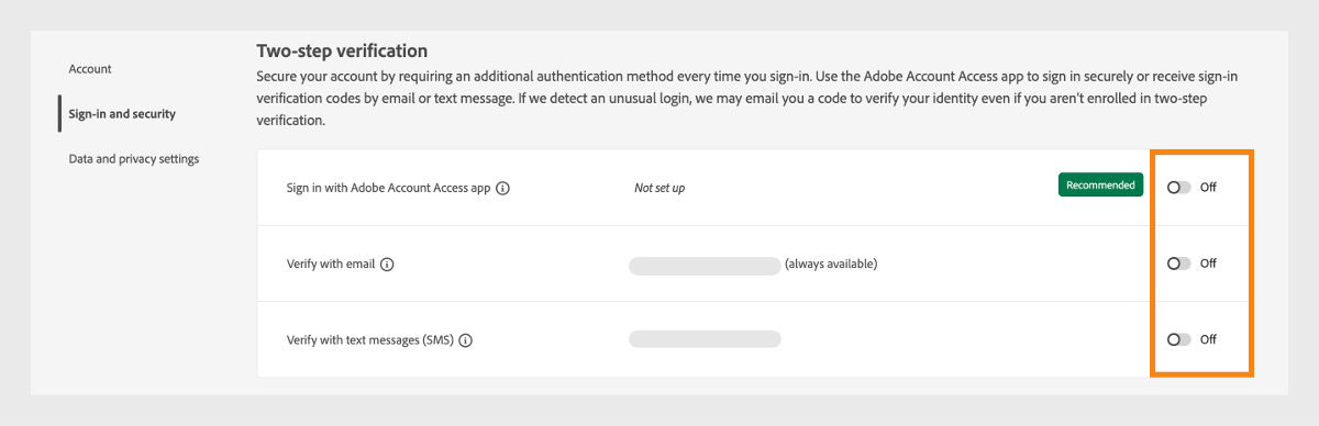The toggle buttons located on the right side of the screen under Two-step verification will activate your preferred verification method. 
