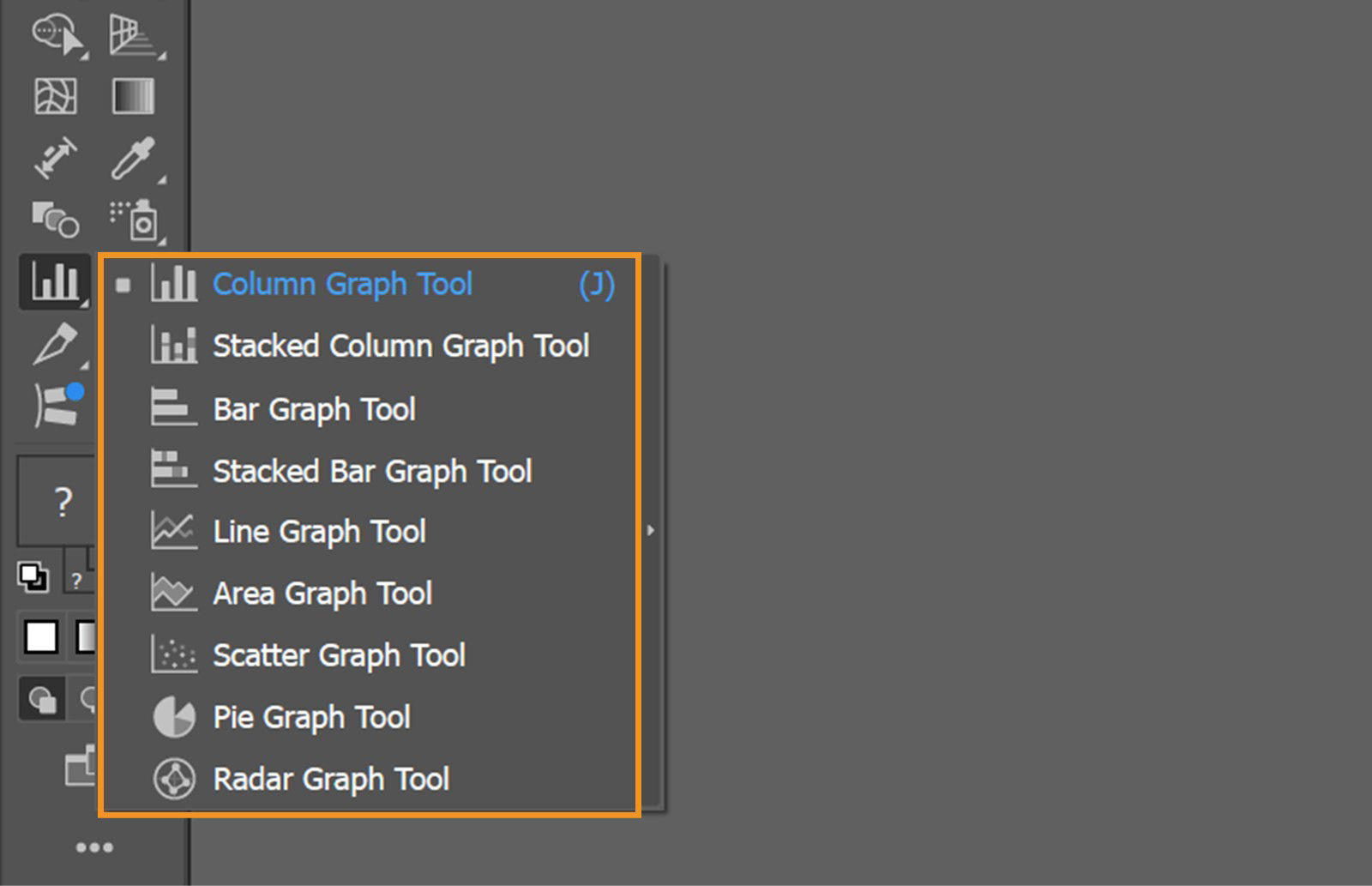 The tool panel displays the following graph tool options: Column Graph, Stacked Column Graph, Bar Graph, Stacked Bar Graph, Line Graph, Area Graph, Scatter Graph, Pie Graph, and Radar Graph.