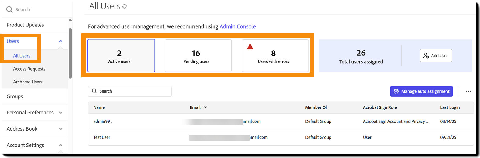 The Users page highlighting the three buttons to shift views