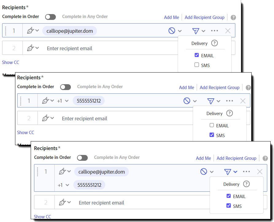 The Send page showing three recipient records, one with ojnly email selected, one with only SMS selected, and the third with both selected