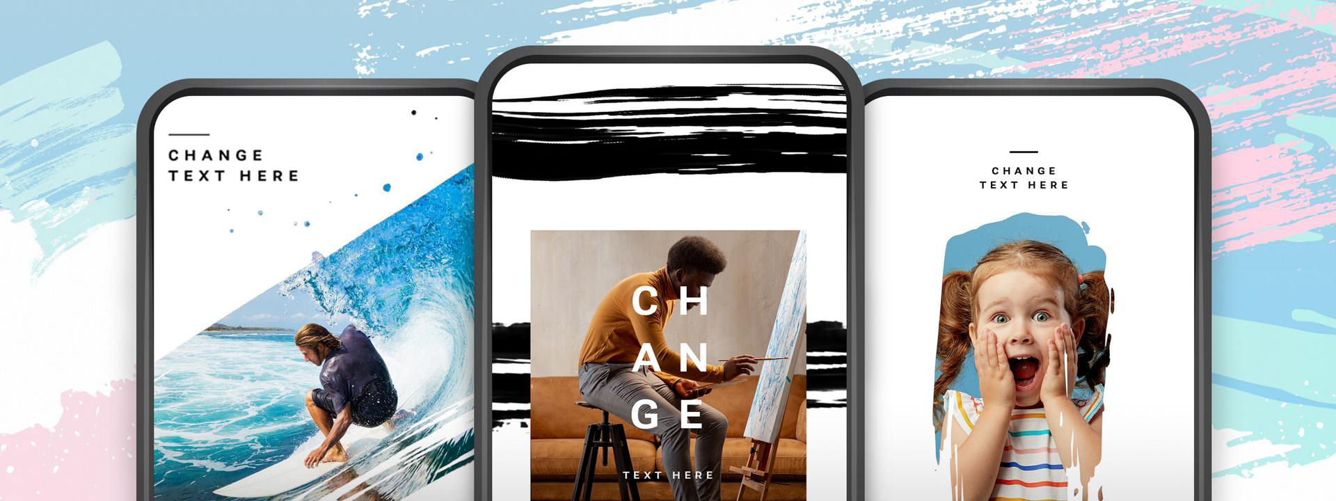 Three mobile phones display different versions of social posts that feature animated ink strokes. Each features a different photograph, one of a surprised young girl, one of a surfer on a wave, and one of a man painting on an easel.