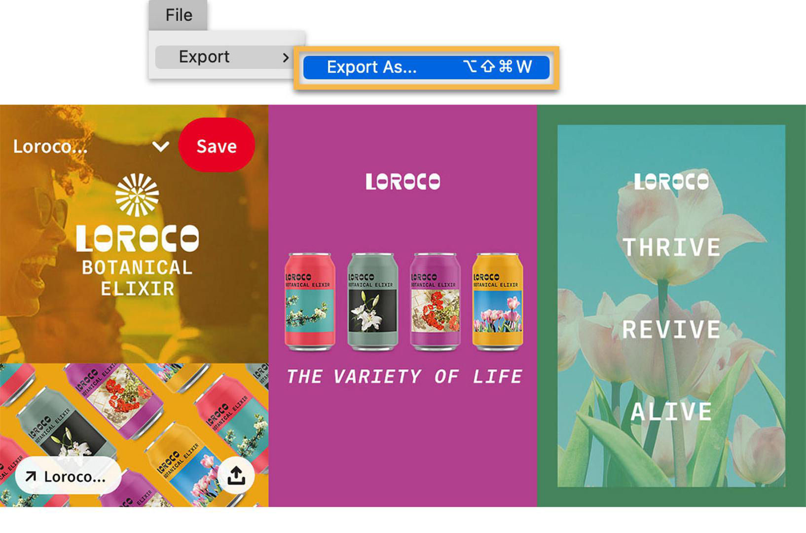 Three templates are side by side, and the Photoshop Export As dialog is above.