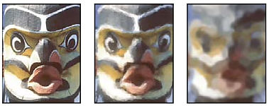 Three versions of an image showing the original and Art History Brush results with small and large brushes.