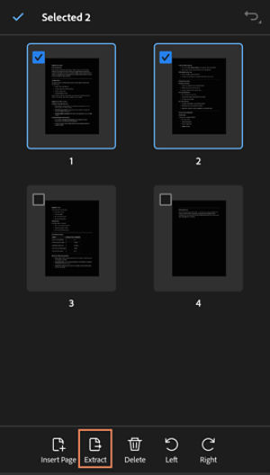 Thumbnail view in Acrobat iOS showing two PDF pages selected out of four, with page management tools available at the bottom.