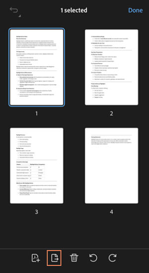 Thumbnail view in Acrobat iOS showing two PDF pages selected out of four, with page management tools available at the bottom.