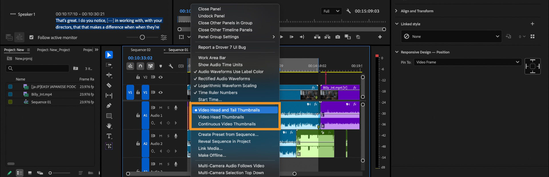 The Timeline panel with a menu showing options to display Video Head and Tail Thumbnails, Video Head Thumbnails, or Continuous Video Thumbnails.          Ask ChatGPT