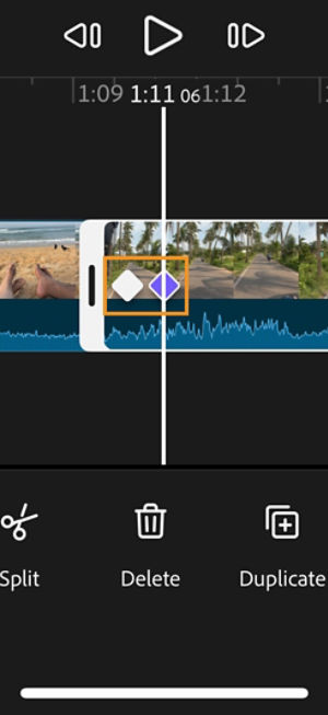 Timeline showing two keyframe icons on a selected clip.