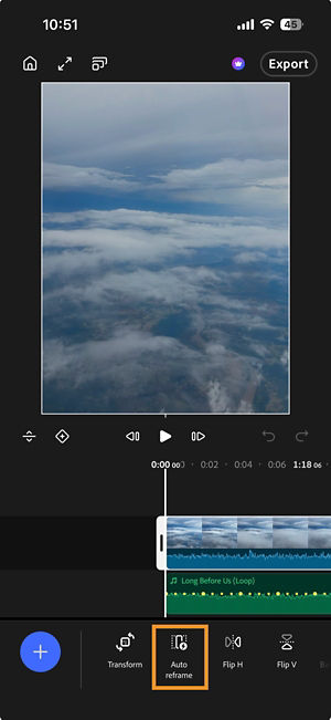 Timeline with a clip selected and Auto Reframe option highlighted