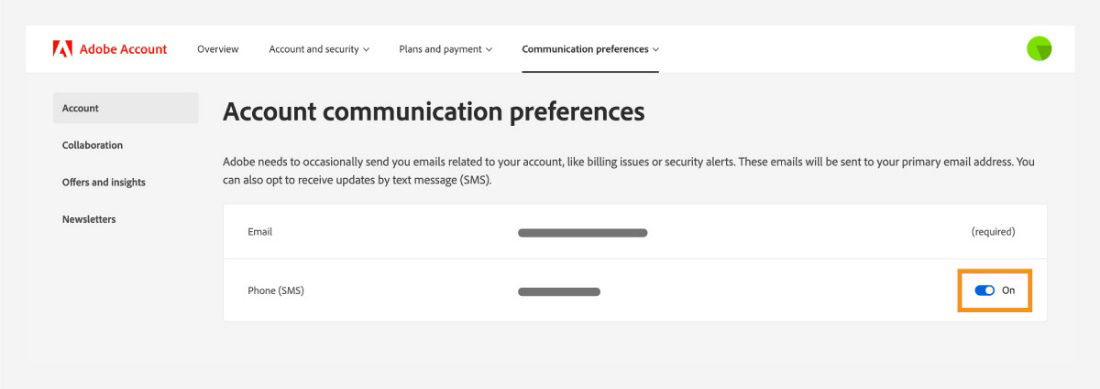 Toggle off to deactivate Phone (SMS) notifications