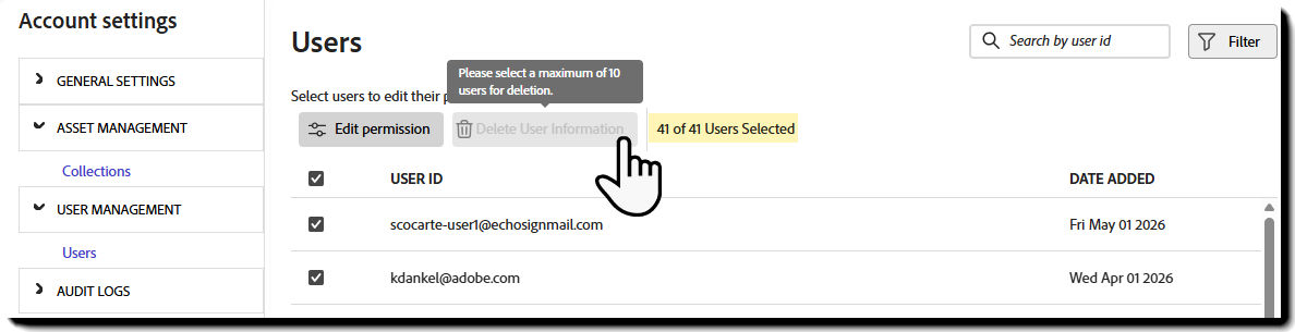 Users table showing more than ten users selected with the Delete User Information action disabled and a warning message displayed.