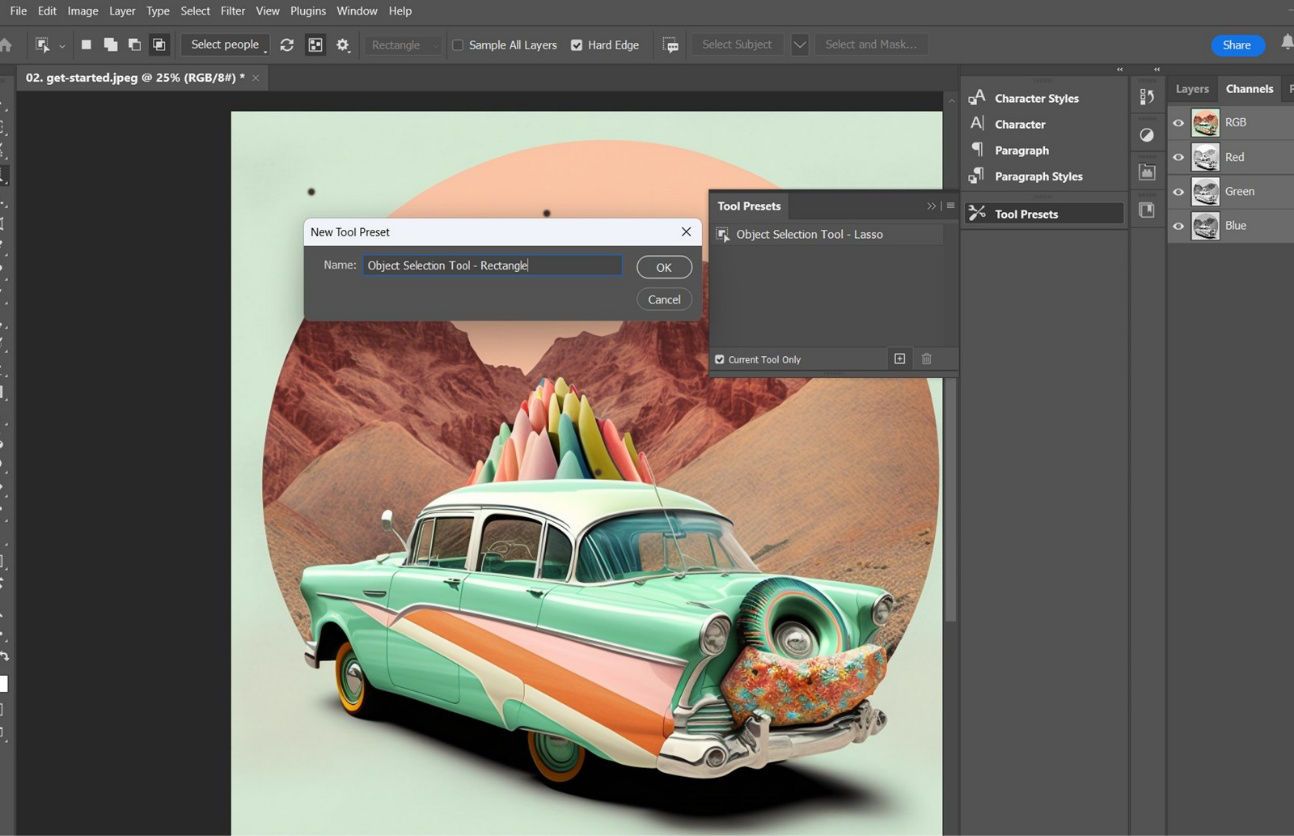 Tool Presets panel displays the New Tool Preset dialog box for creating presets.