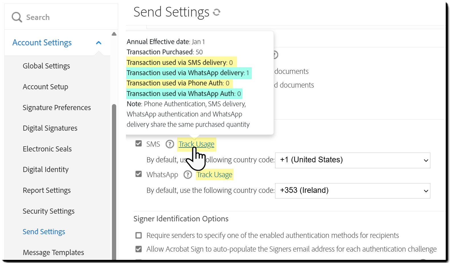 The Send Settings page highlighting the Track Usage link with the information pop-out exposed