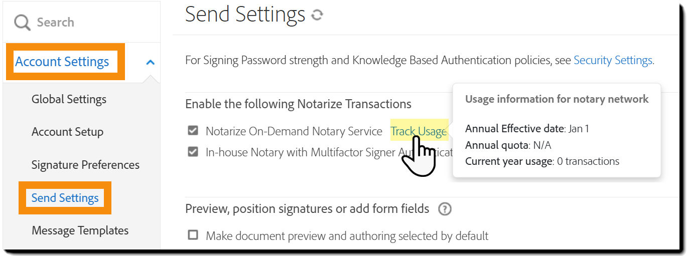 Send Settings page with the Track usage information highlighted