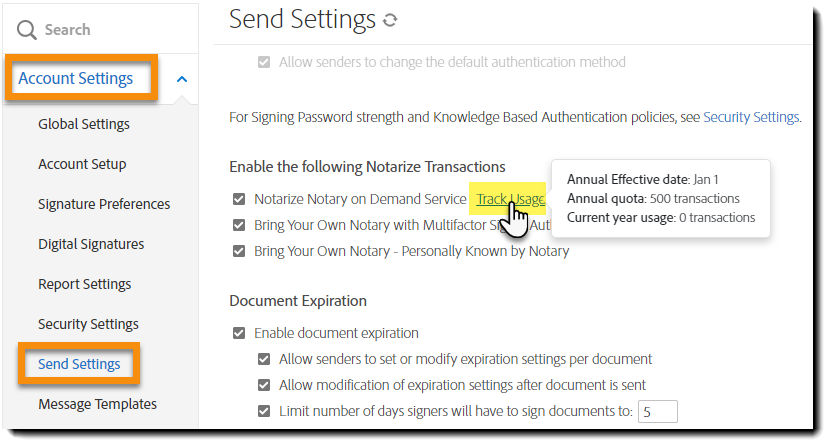 Send Settings page with the Track usage information highlighted