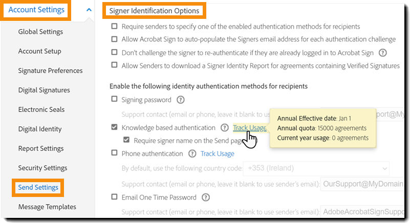 The Send Settings page with the Track Usage highlighted for KBA