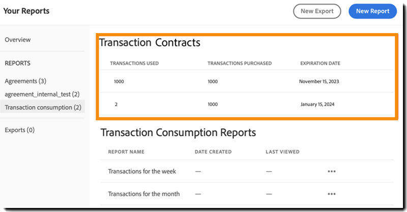 The Transaction report page with the Transaction Consumption report highlighted