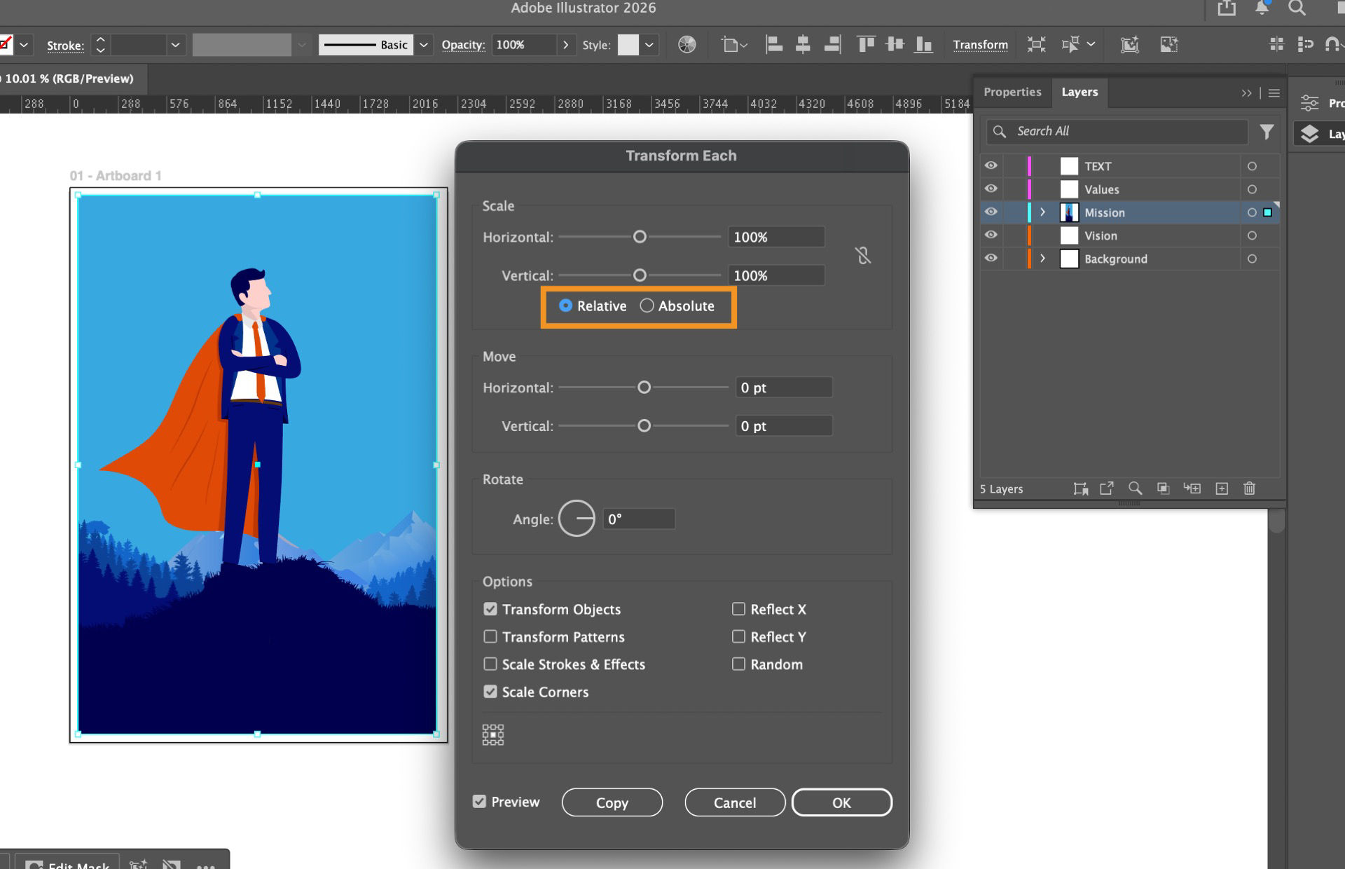The canvas displays an artwork, and the Transform Each panel shows highlighted Relative and Absolute scaling option, along with other available settings.