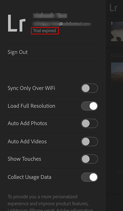Status „Testversion abgelaufen“ von Lightroom mobile in der Seitenleiste