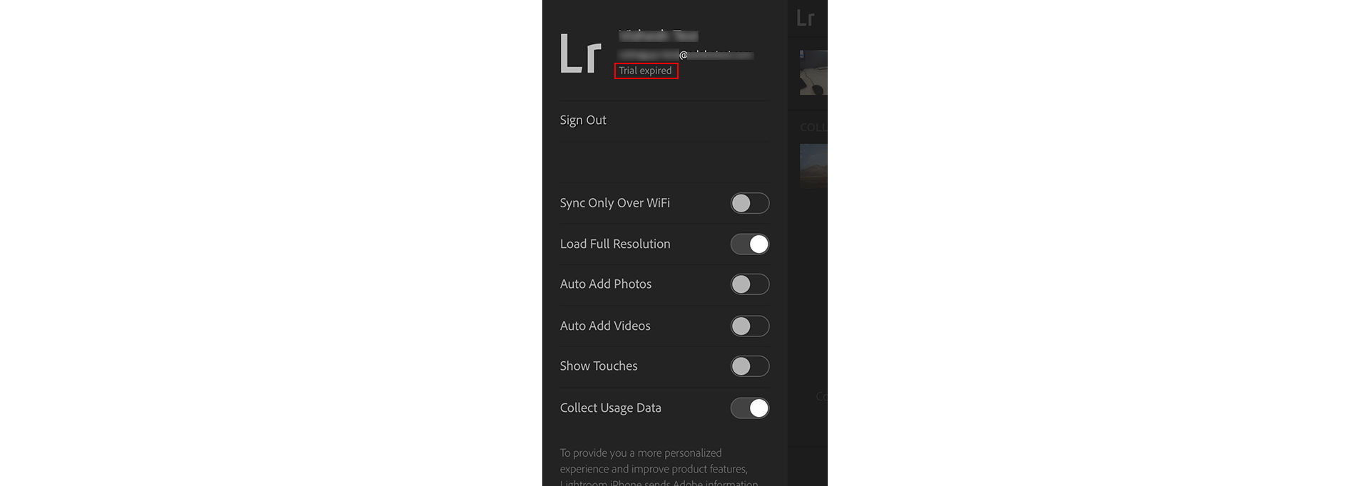 Lightroom mobile Trial expired status in the sidebar