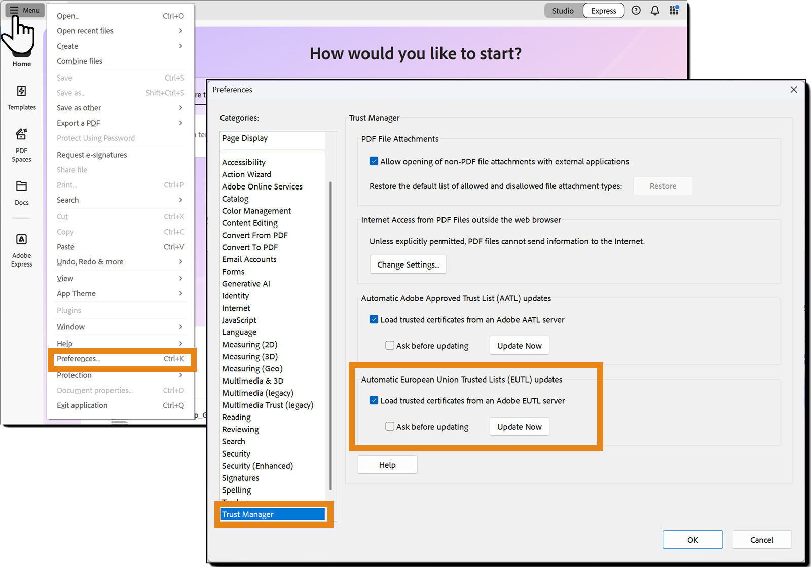 The Acrobat Preferences menu showing the Trust Manager panel with the EUTL update section highlighted.