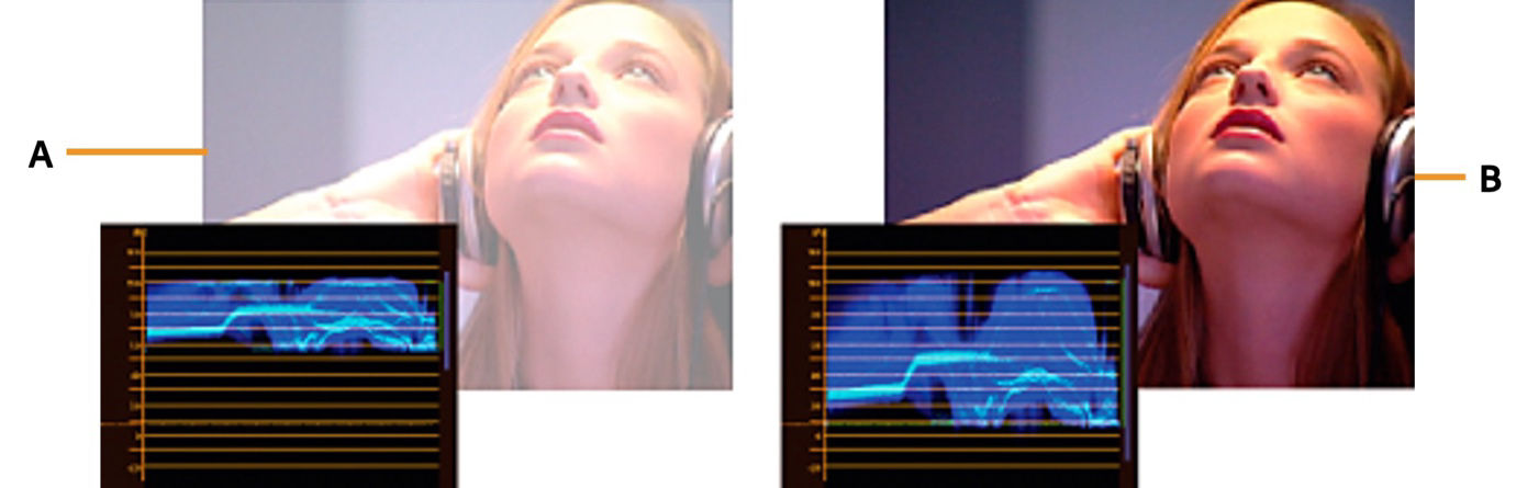 Two pictures, with one that is an overexposed image with the waveform in the upper limits of the IRE scale. The second one is the corrected image with the waveform within 7.5 to 100 IRE.