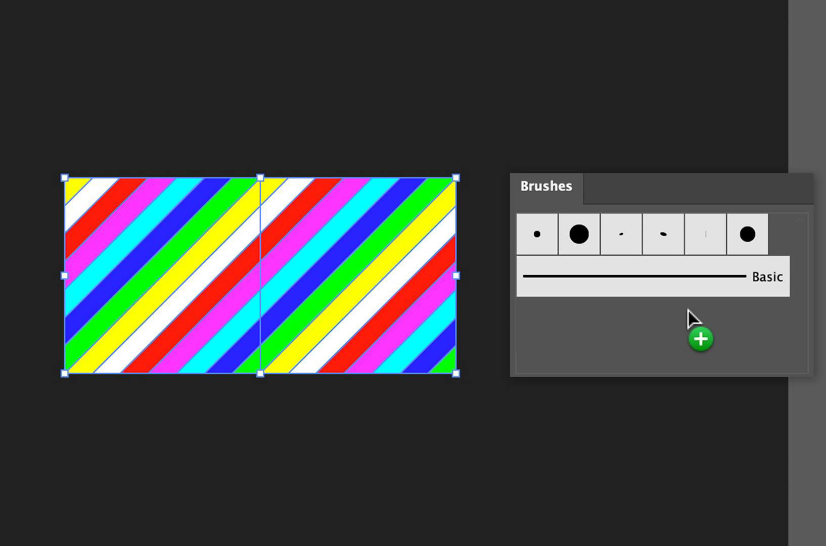 Two rainbow-striped squares next to a Brushes panel on a black background.
