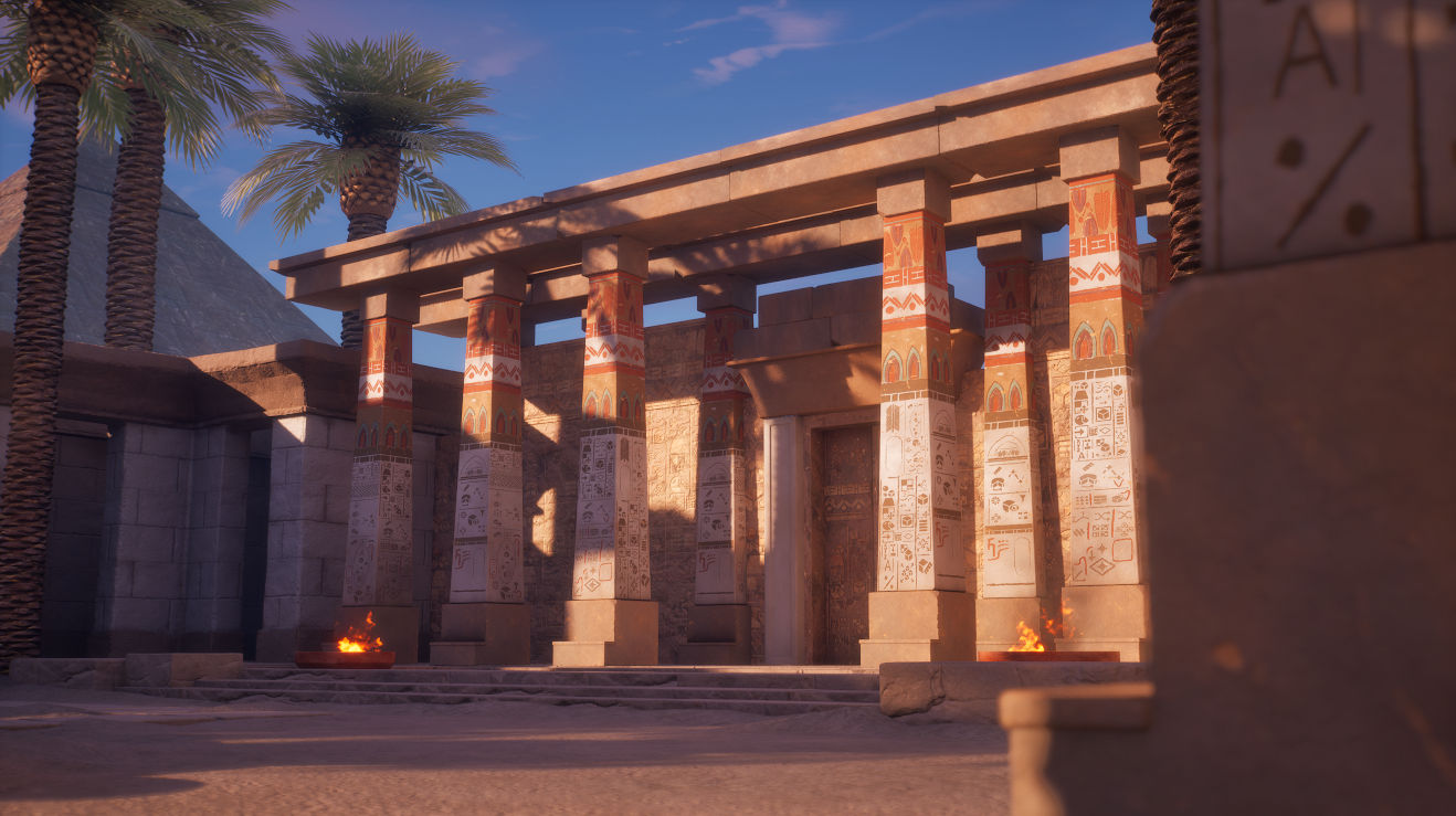 An egyptian temple in the desert with palm trees.