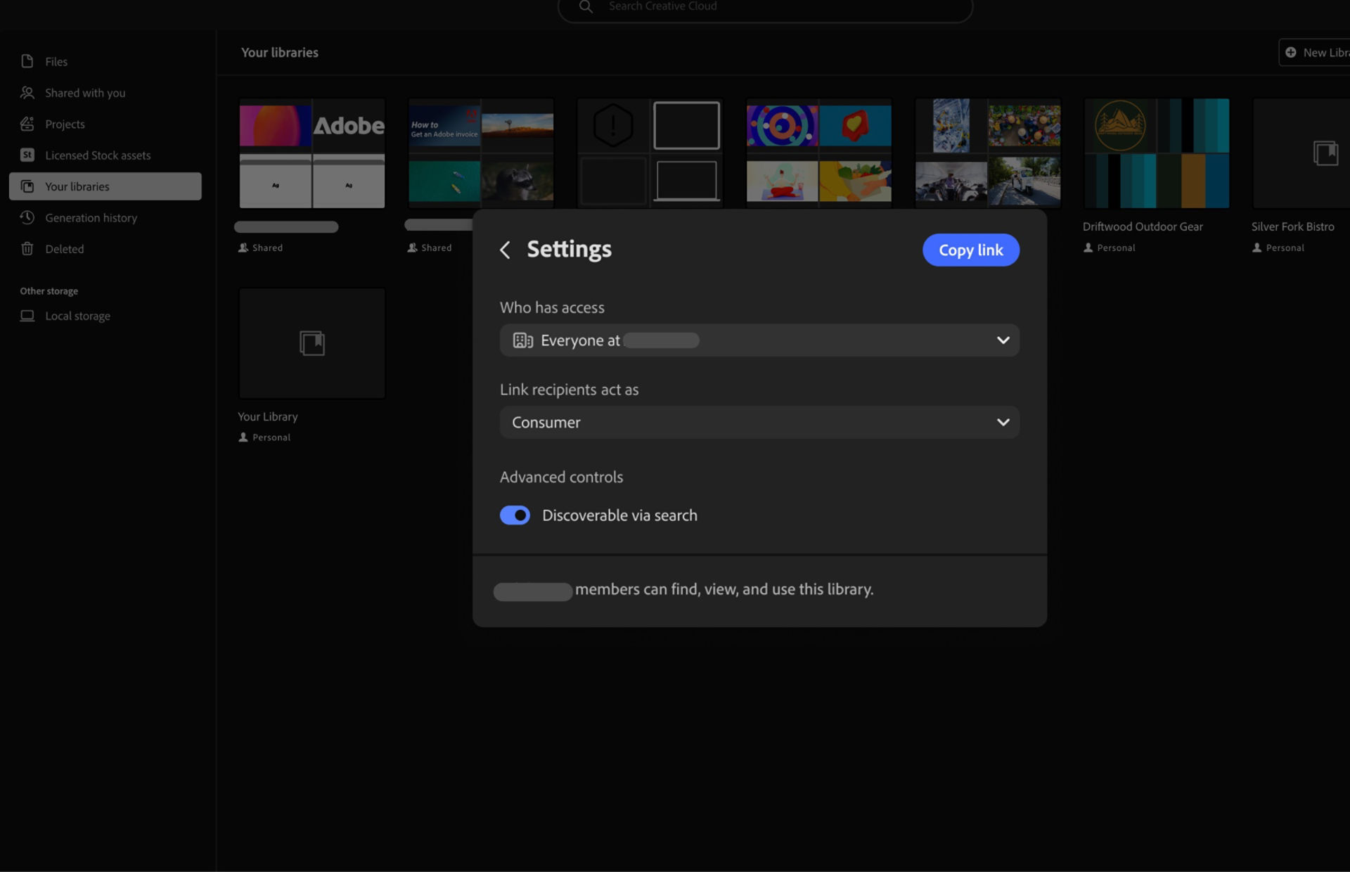 Adobe library Settings screen displaying access permissions, recipient roles, discoverability toggle, and an option to copy the shared link.