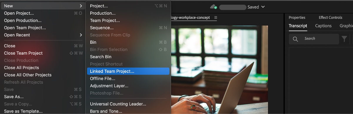 Under the New menu, the Linked Team Project is highlighted to create a new Team Project linked to another one.
