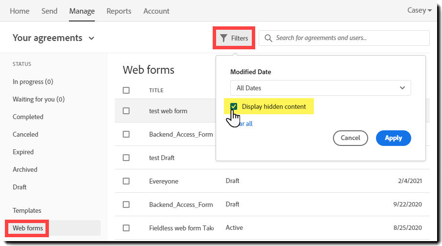 Unhide a web form