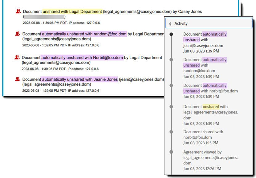 The Audit Report and Activity log showing both explicit and automatic unshare events