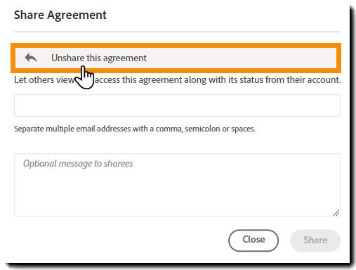 The Share/Unshare interface with the Unshare this agreement button highlighted