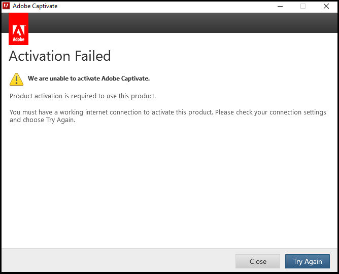 Unable to activate Adobe Captivate 2017