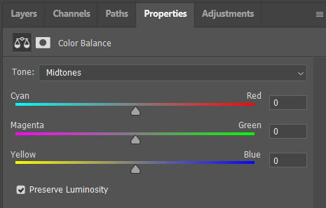 Color balance properties panel