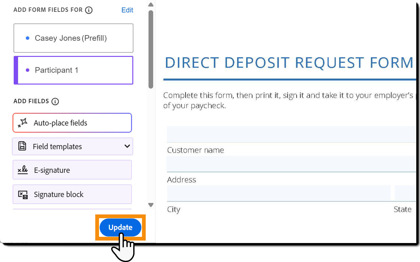 The field authoring environment with the Update button highlighted.