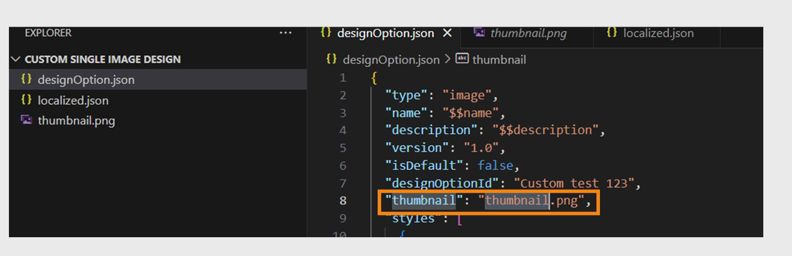 これは、designOption.json でサムネイル名を更新する方法を示す画像です