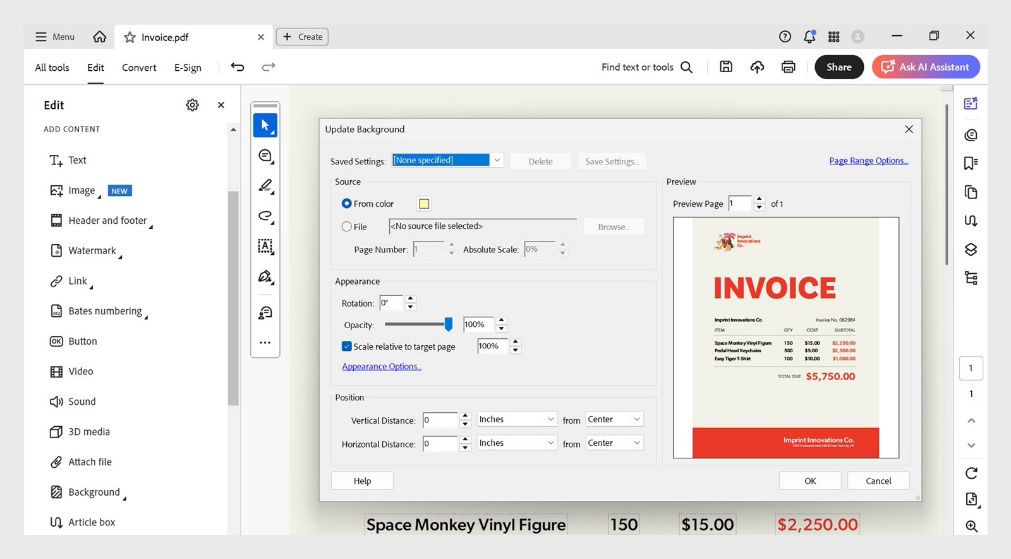 Update Background dialog box in Acrobat with options to change color, file, opacity, scale, and position for PDF pages.