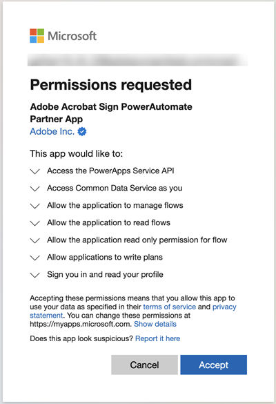 The Microsoft permissions required to create the connection