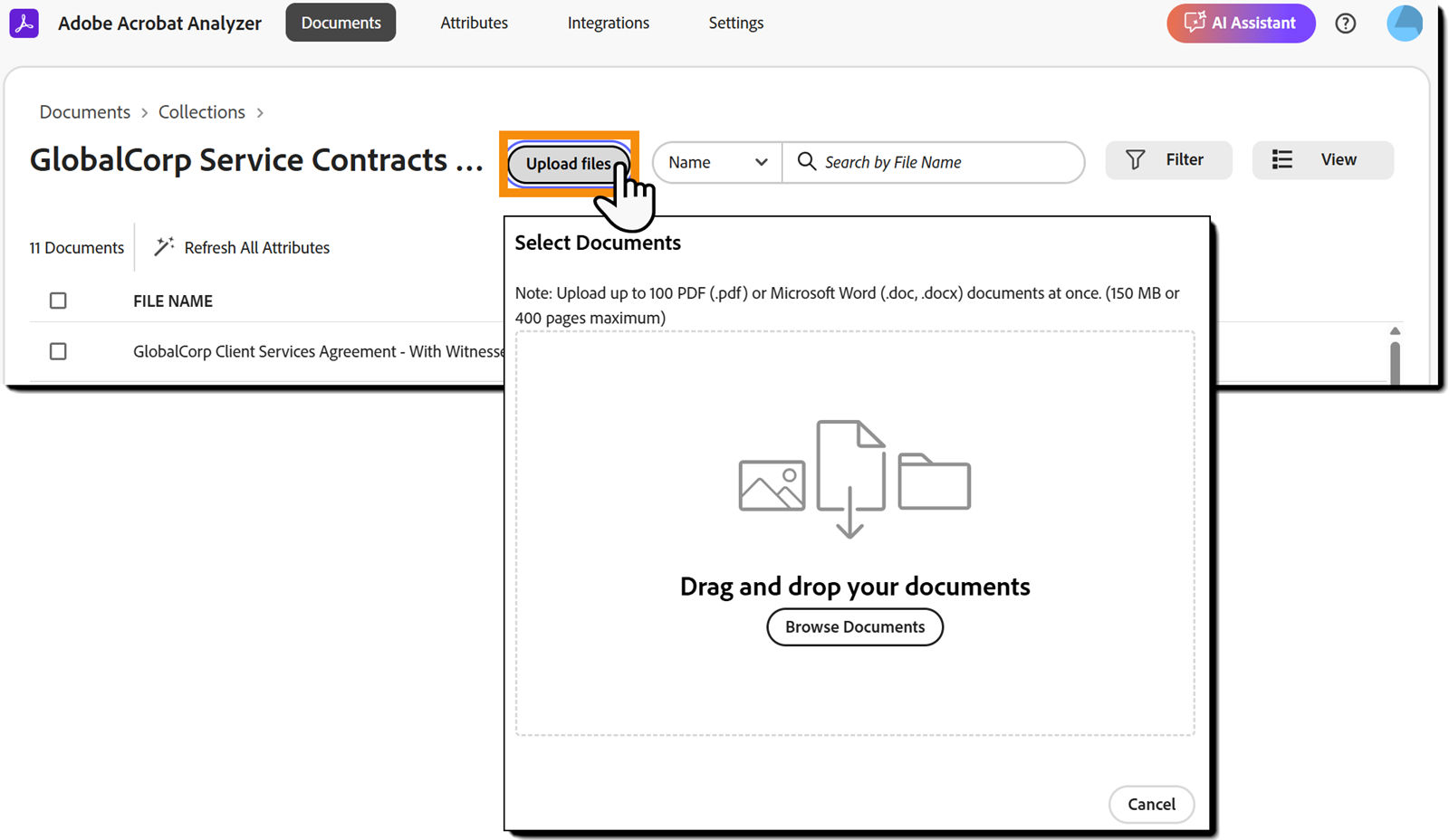 The Documents tab with the Upload files button highlighted