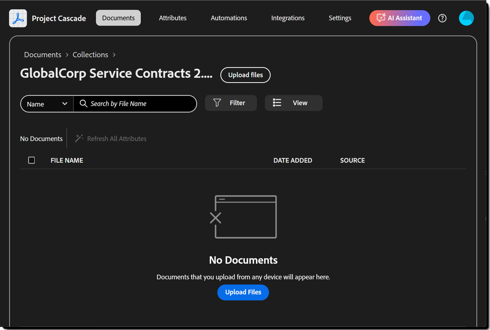 The file level view of hte colleciton with the Upload Files button highlighted