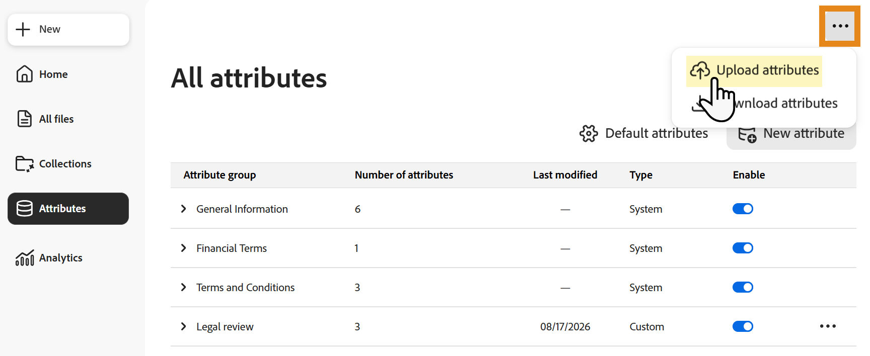 Attributes page with the ellipsis menu open and Upload attributes selected.